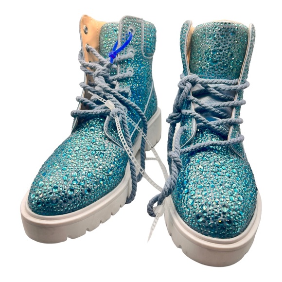 Betsey Johnson Hudson Turquoise Blue Rhinestone Combat Boots Size 6.5 NWOB BLING - Picture 9 of 14